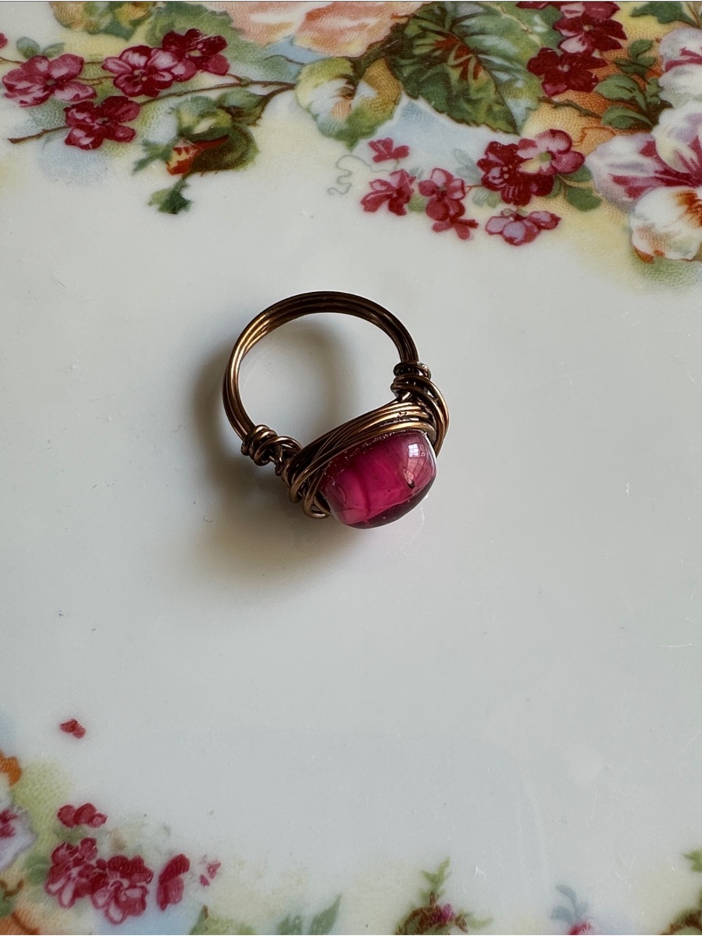 Pink Glass Bead Cabochon Wire-Wrapped Ring